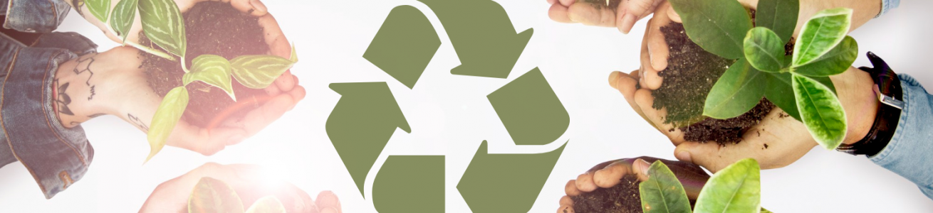 manos con plantas y símbolo del reciclaje