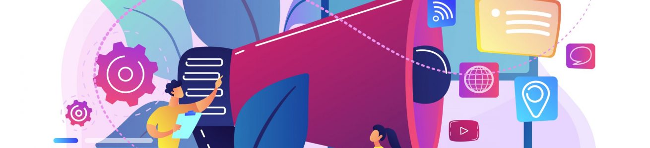 Marketing team work and huge megaphone with media icons. Marketing and branding, billboard and ad, marketing strategies concept on white background. Bright vibrant violet vector isolated illustration