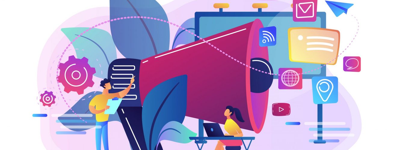 Marketing team work and huge megaphone with media icons. Marketing and branding, billboard and ad, marketing strategies concept on white background. Bright vibrant violet vector isolated illustration