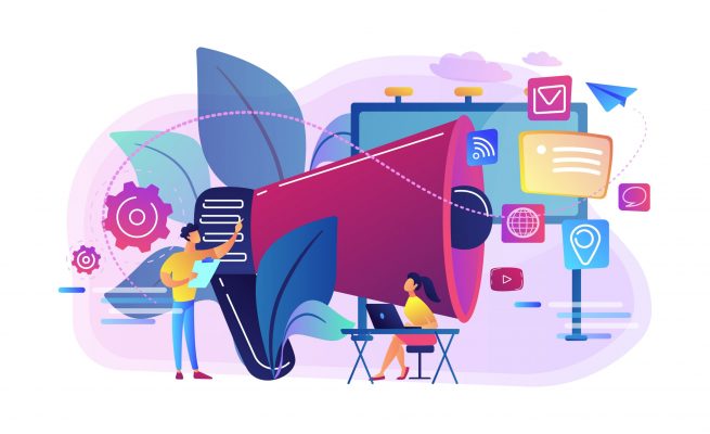 Marketing team work and huge megaphone with media icons. Marketing and branding, billboard and ad, marketing strategies concept on white background. Bright vibrant violet vector isolated illustration