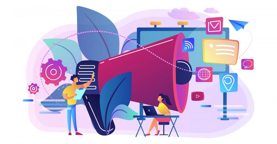 Marketing team work and huge megaphone with media icons. Marketing and branding, billboard and ad, marketing strategies concept on white background. Bright vibrant violet vector isolated illustration